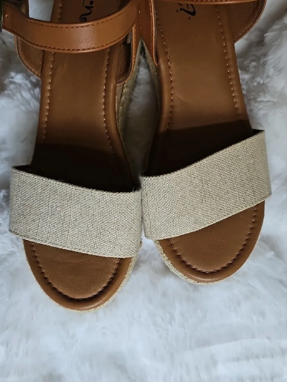 Women’s Tan Espadrille Wedge Sandals with Beige Fabric Toe Strap
